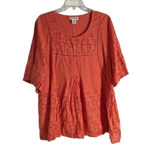 North Style plus size 1x orange short bell sleeve boho eyelet smock tunic top